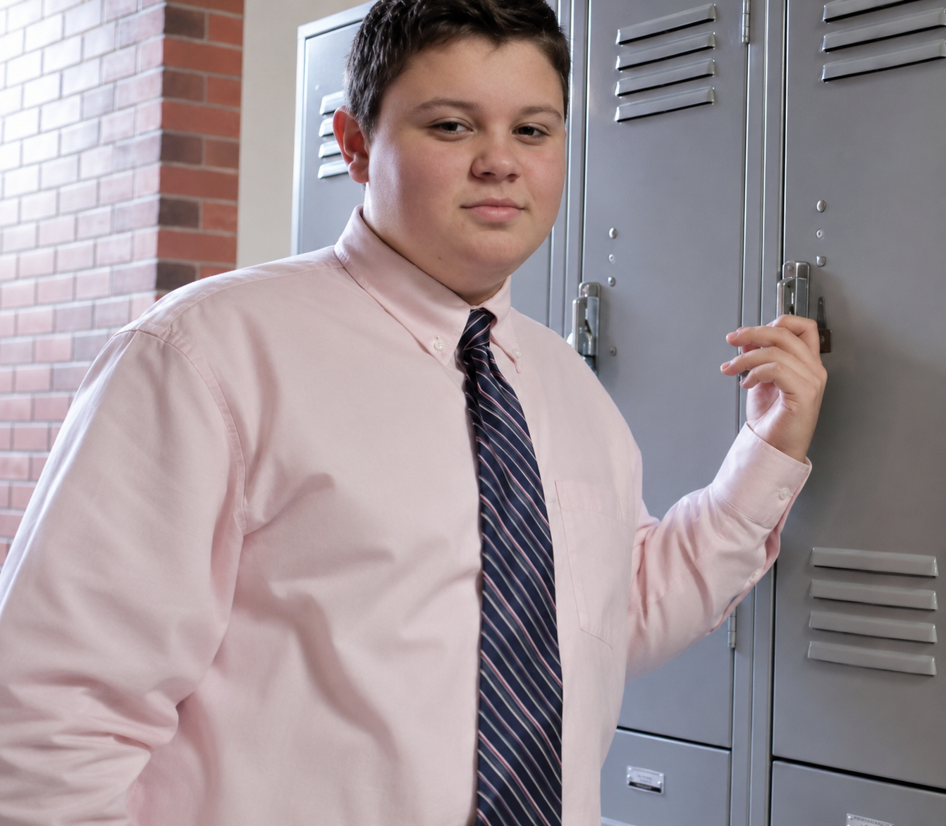 A boy in a pink shirt and a tie, standing with his hand on a locker door