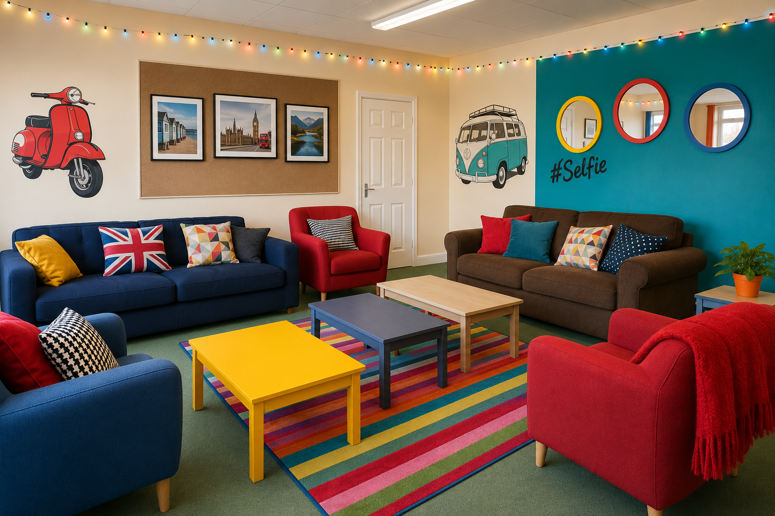 A bright room with sofas, armchairs, low tables, a striped carpet, round mirrors on a green wall and a scooter sticker