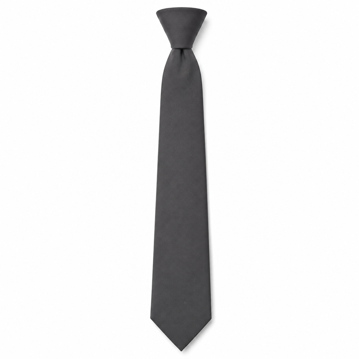 A dark grey school tie, knotted, on a plain white background