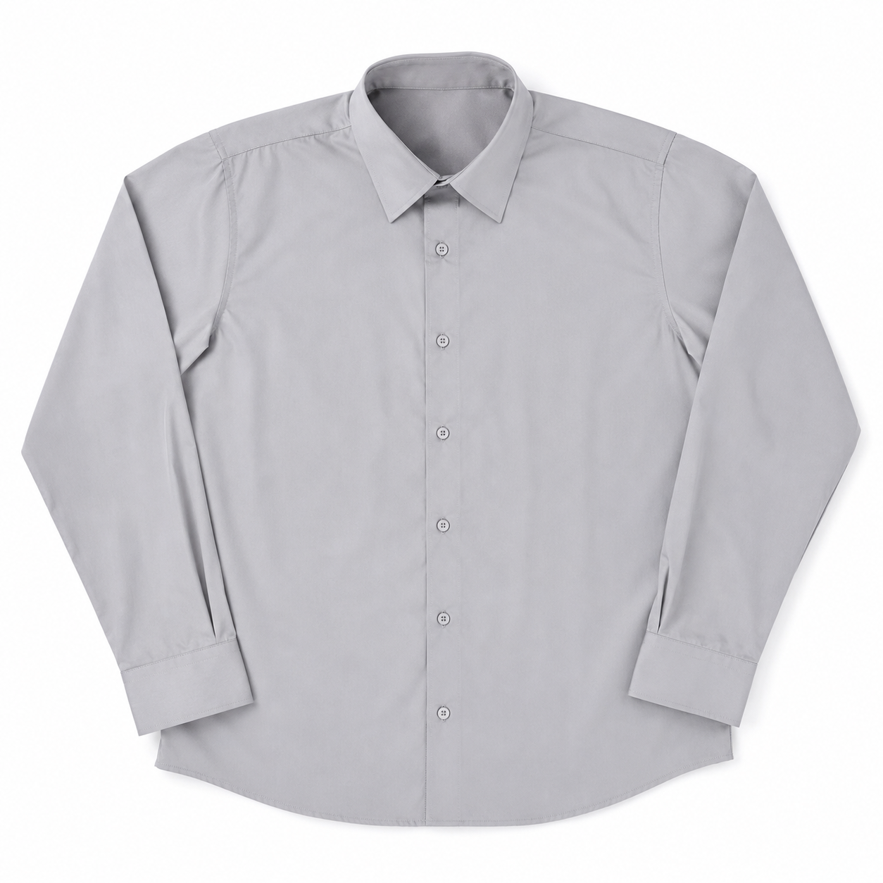 A pale grey long-sleeved school shirt on a plain white background