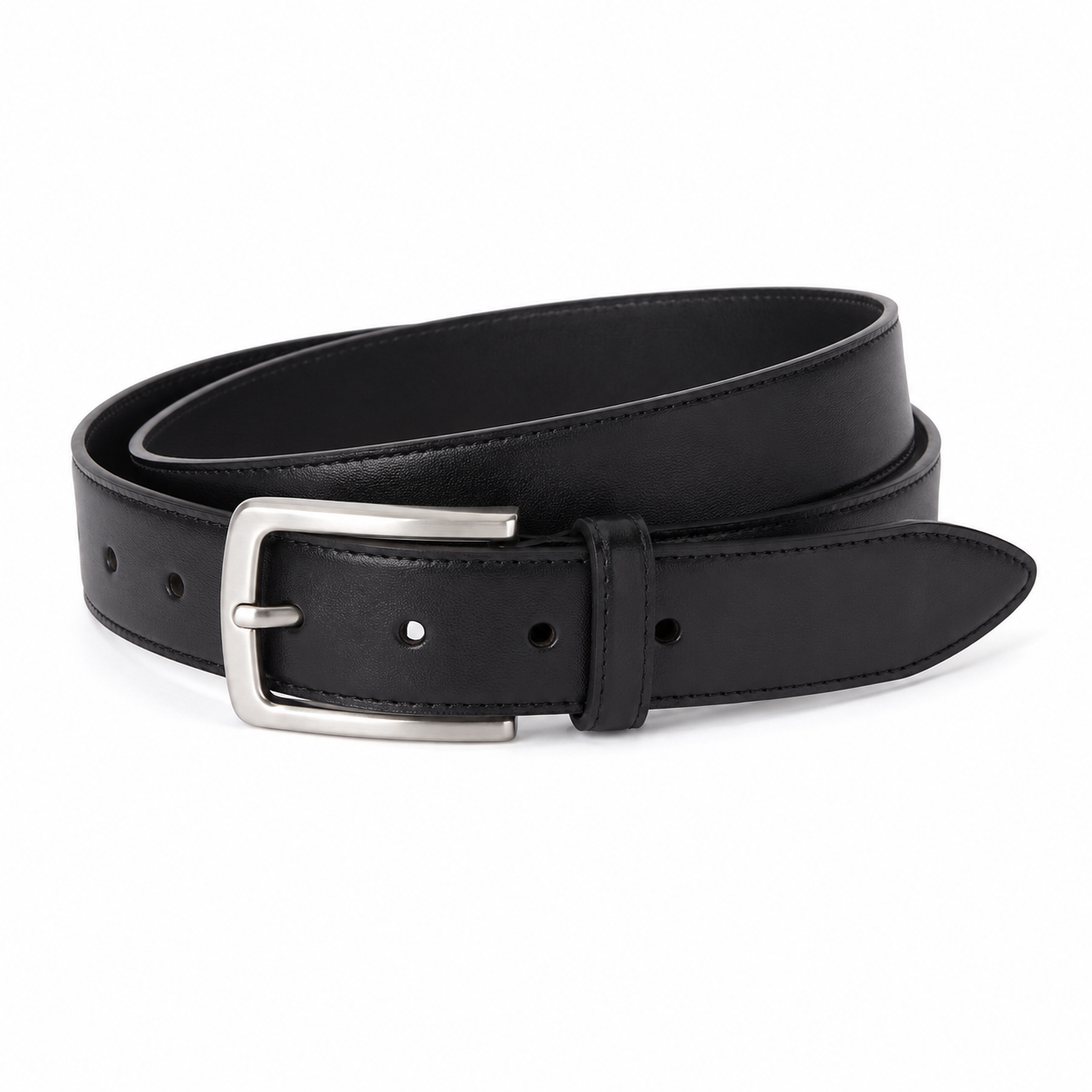 A black leather belt with a silver buckle, on a plain white background
