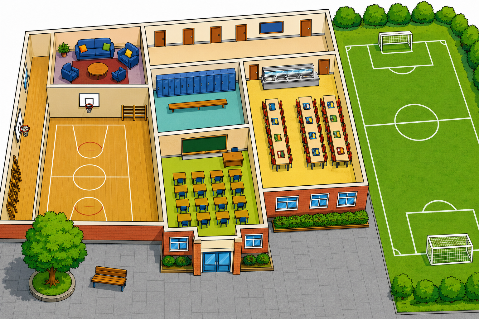 A cutaway plan of a school: sports hall, common room, locker, corridor, cafeteria, classroom, hall, playground and sports ground