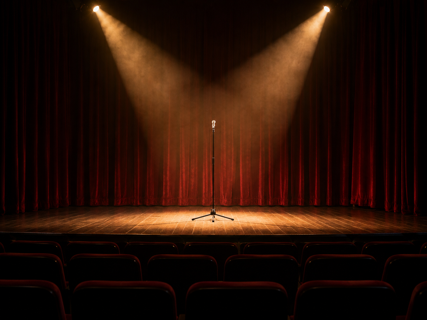 An empty theatre stage with a microphone