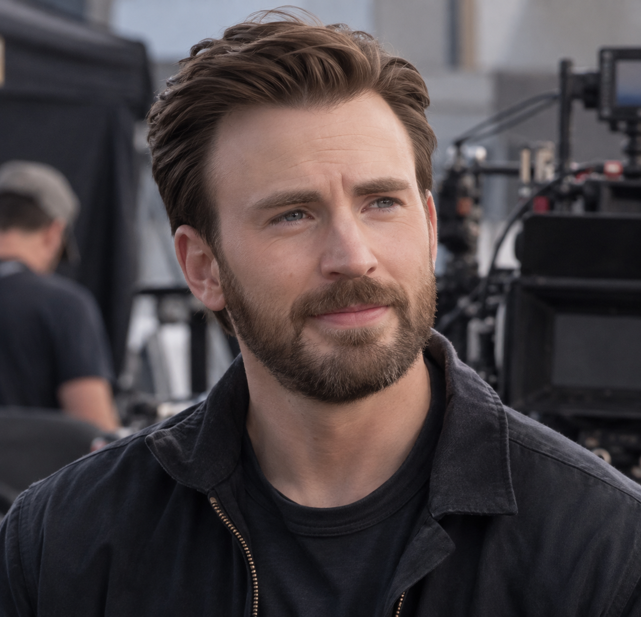 A photograph of the American actor Chris Evans, smiling, at a public event.