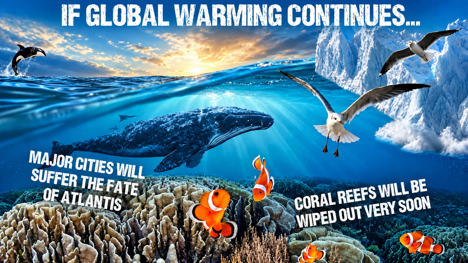 A campaign poster: an ocean seen above and below the waterline, with an iceberg, seabirds, a whale and a coral reef, and two sentences printed across it.
