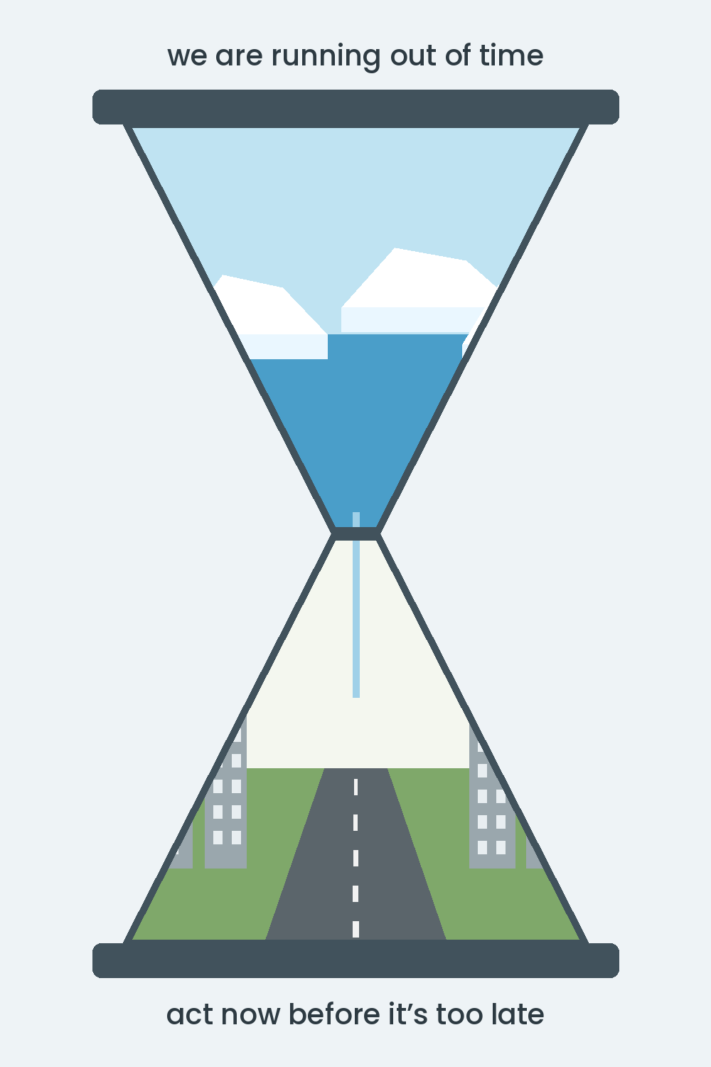 An hourglass: a cold sea and its ice above, a city and its traffic below.