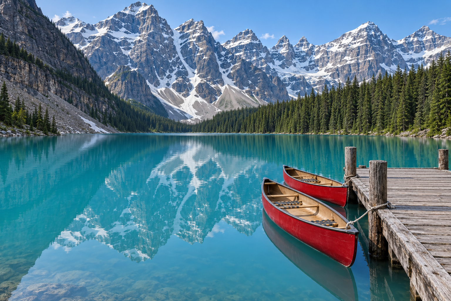 Two red canoes moored at a wooden jetty on a still, turquoise glacier-fed lake, with conifers along the far shore.
