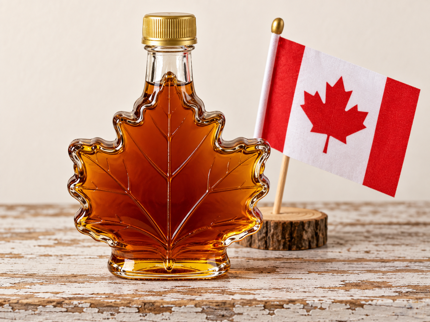 Picture 1 — a bottle of maple syrup shaped like a maple leaf, beside a painted Quebec sign and a Canadian flag.