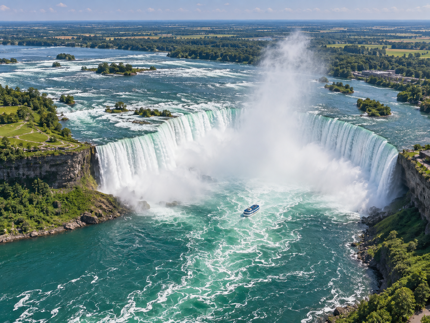 Picture 2 — a wide waterfall seen from the air, with a small boat at its foot.