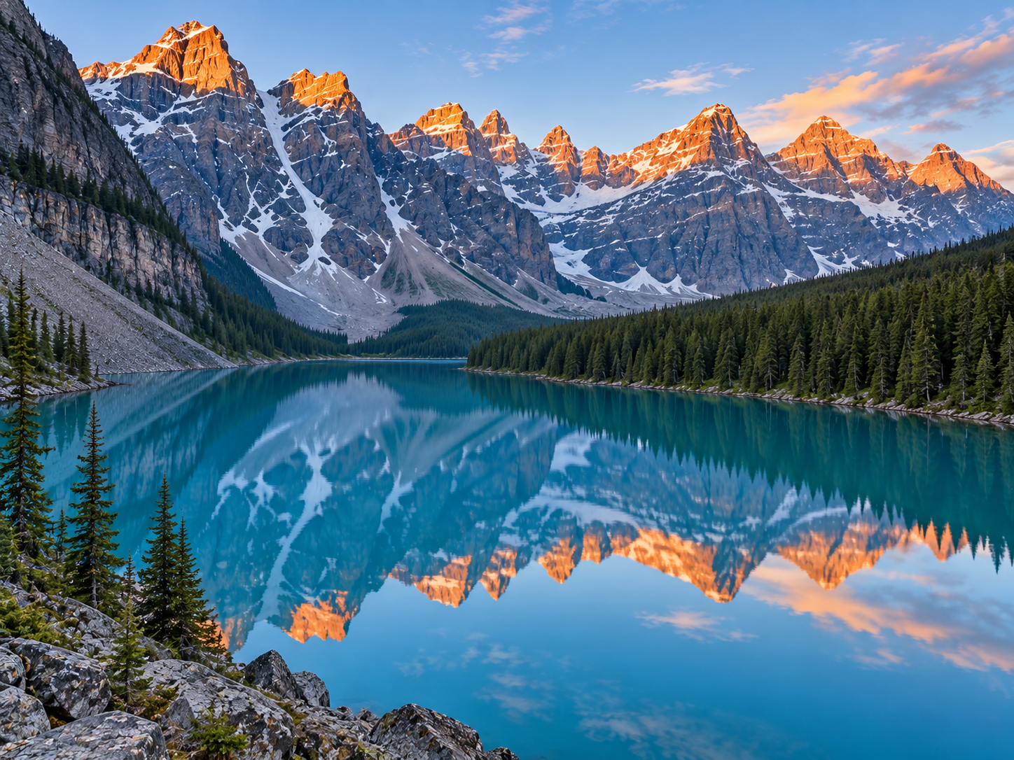 Picture 5 — a turquoise lake below red mountain peaks at sunrise, with a forest along the shore.