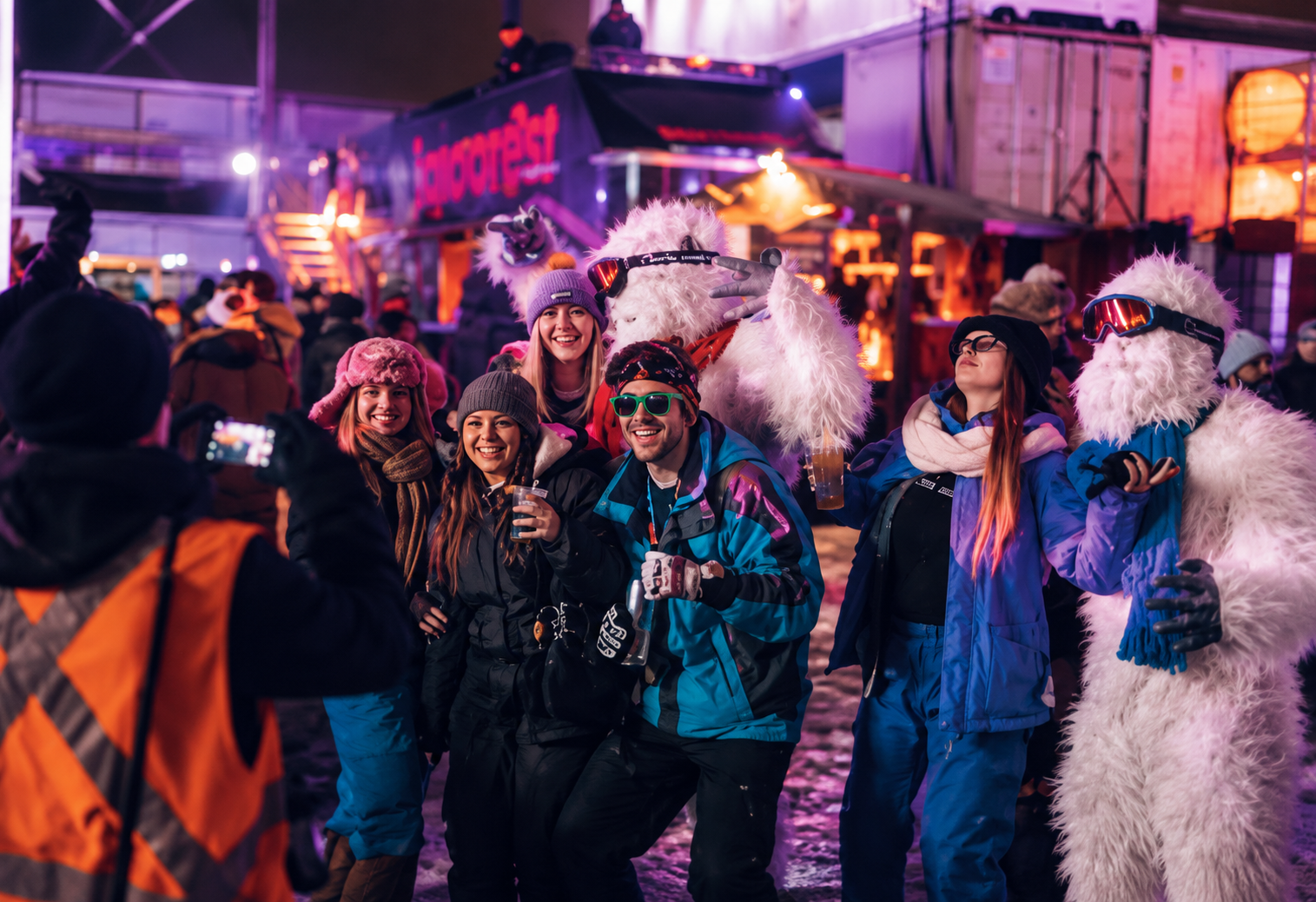 A night crowd at a winter music festival in Montreal. The people in the picture are taking part in a best-outfit competition.