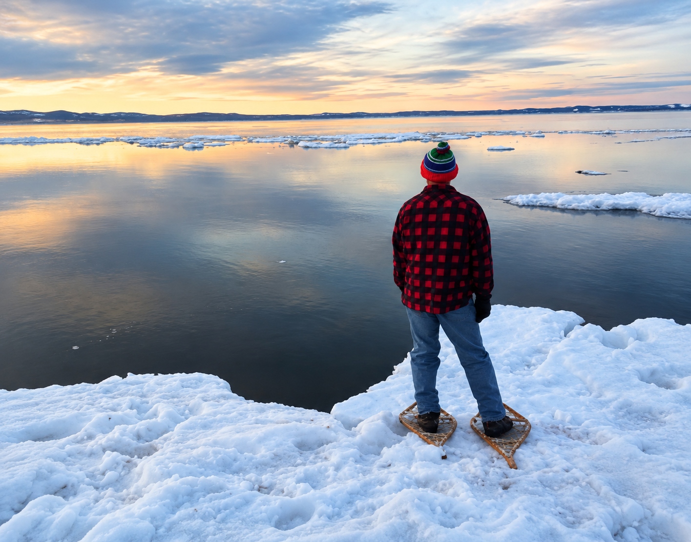 a man in traditional snowshoes crossing a sheet of ice