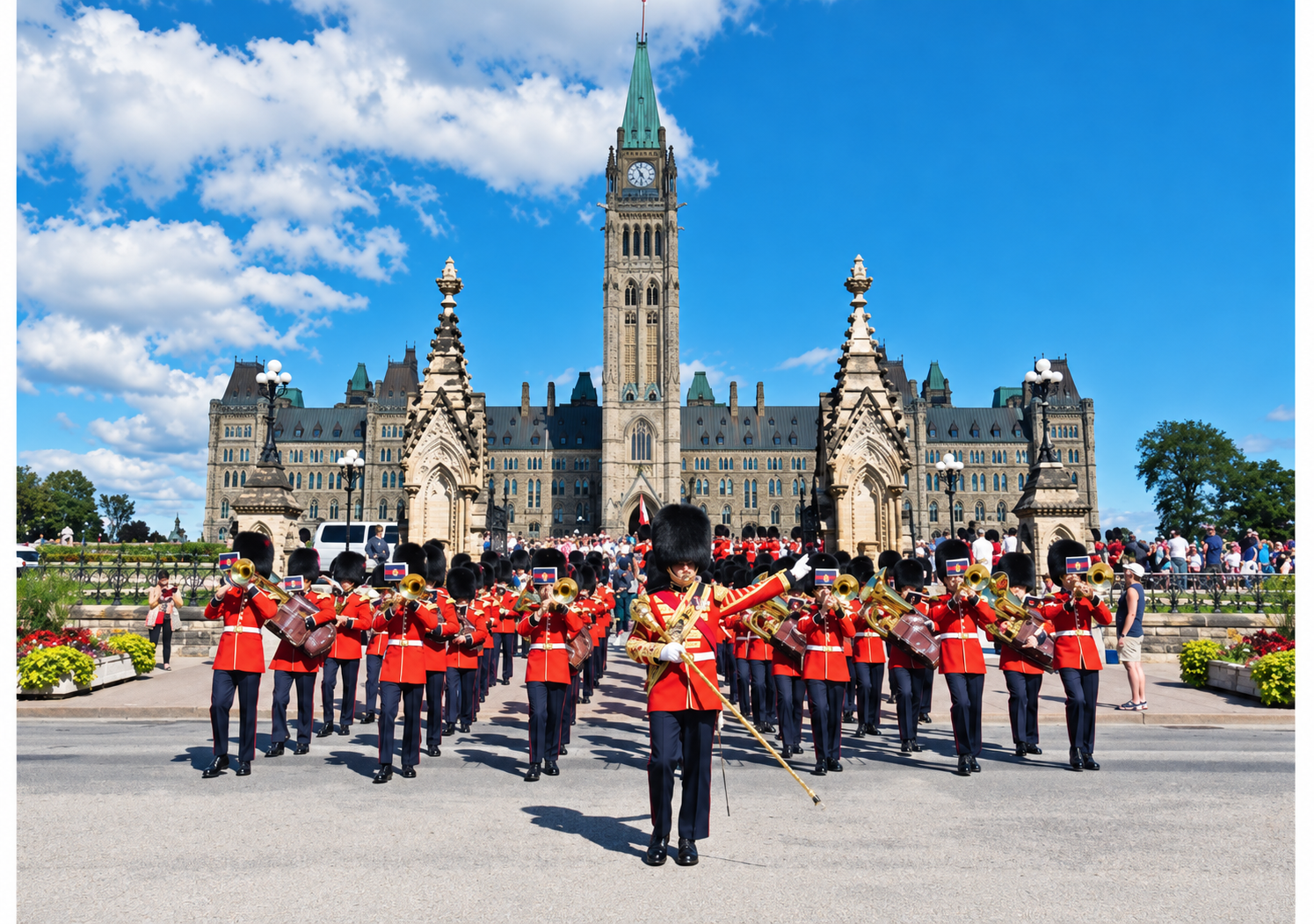 A big stone building with a clock tower, under a blue sky with white clouds. In front of it, a marching band in red uniforms and tall black hats is playing, and a crowd is watching from behind the flowerbeds.