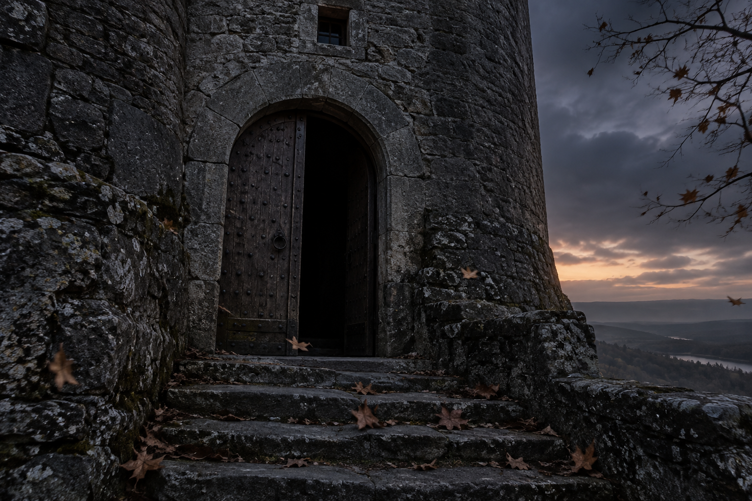 The dark stone entrance of an old tower
