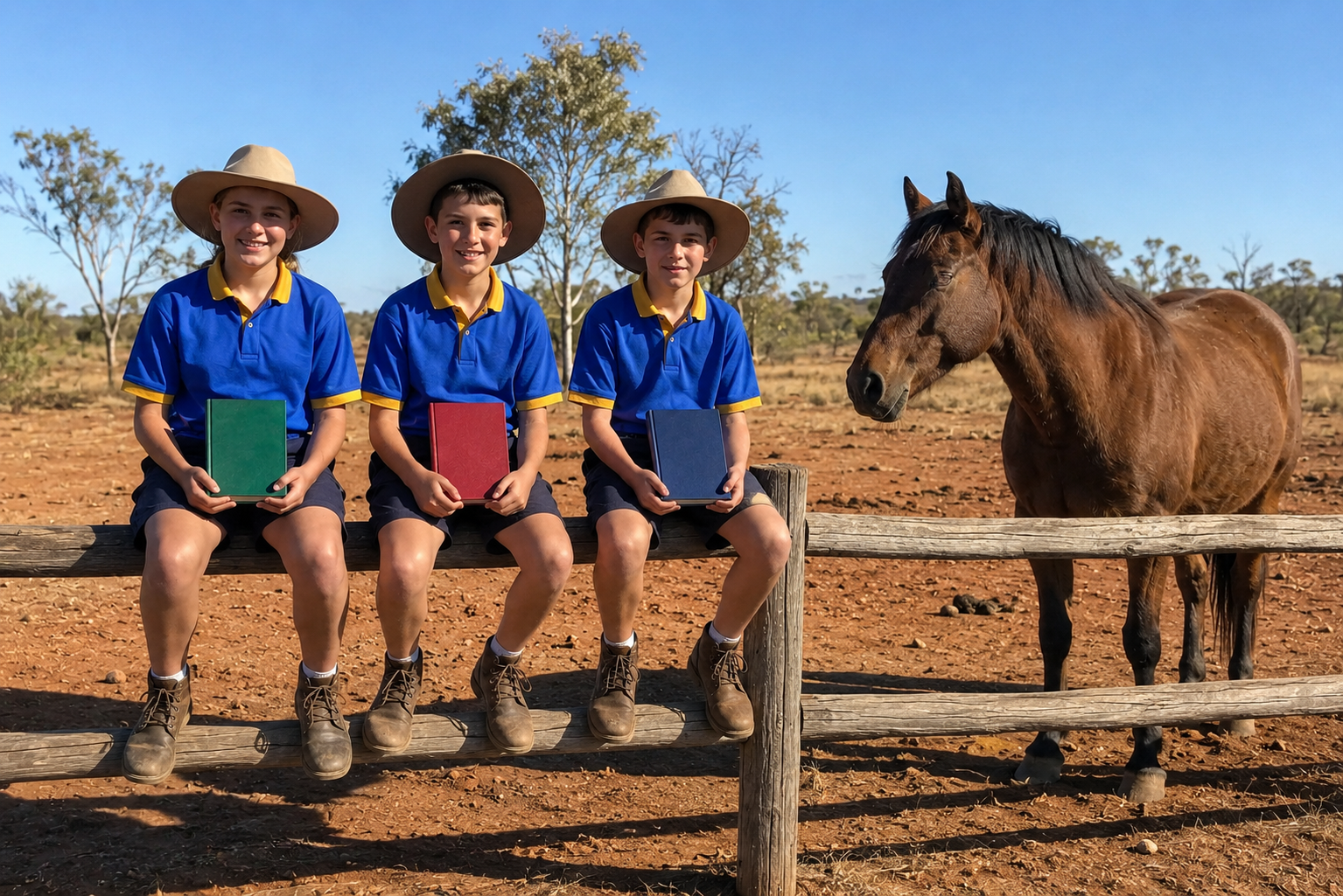 Three schoolchildren in blue and yellow polo shirts, navy shorts, wide-brimmed sand-coloured hats and short brown boots, sitting in a row on the top rail of a wooden fence and each holding a textbook. A brown horse stands beside the fence in a dusty red-earth paddock.