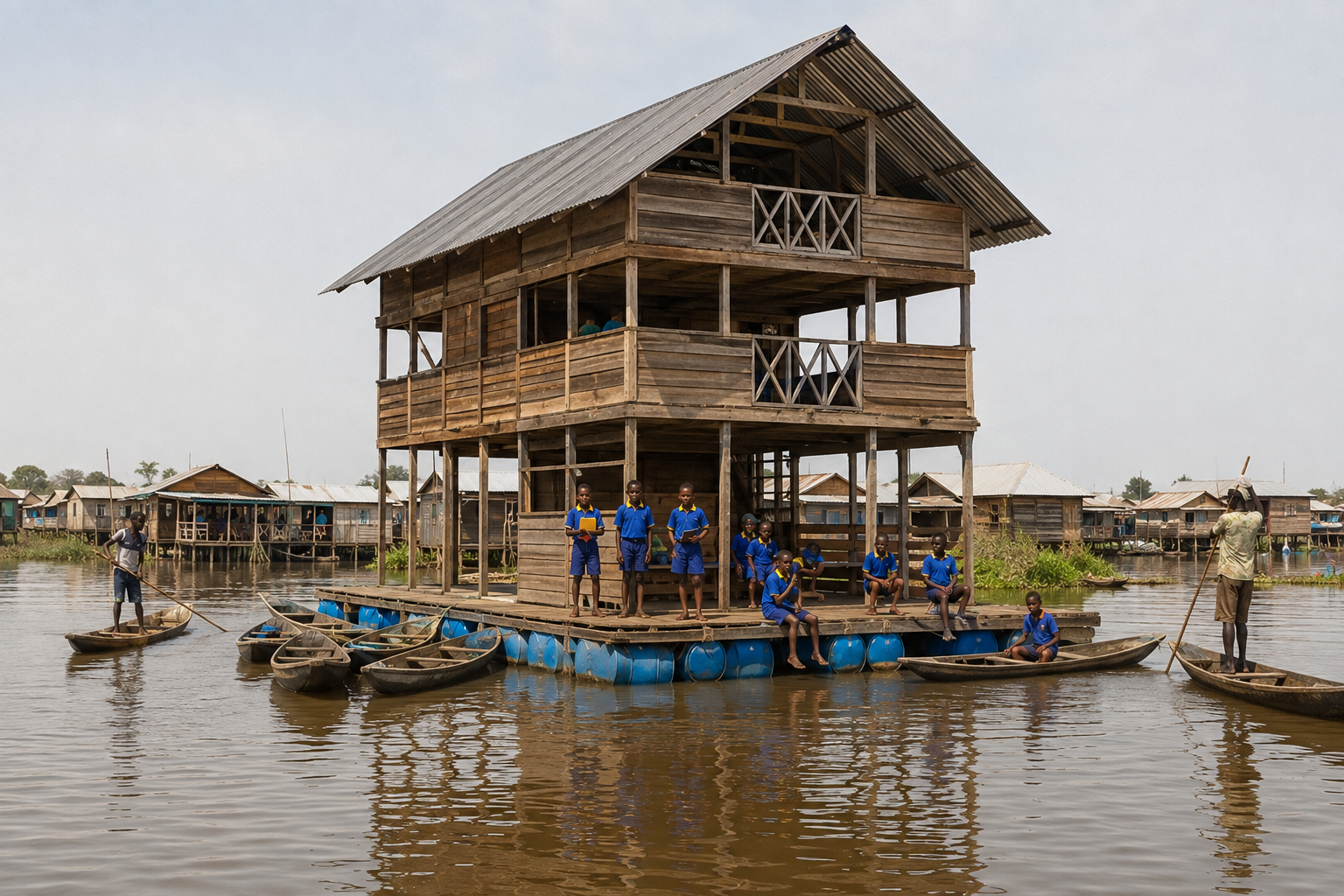 A wooden three-storey school building floating on a lagoon, held up by empty blue barrels. Children in blue and yellow uniforms stand on the open ground floor, and a dozen narrow wooden canoes are tied up around it.
