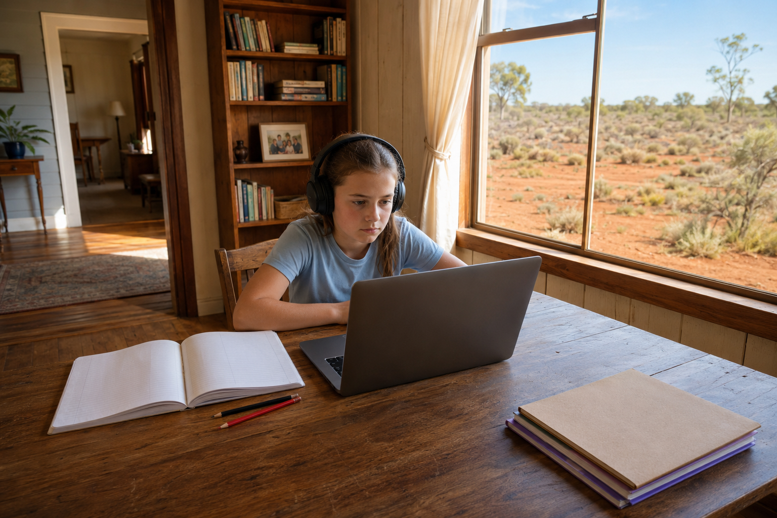 A girl of about ten sitting at a wooden desk in a room at home, wearing large headphones and looking at a laptop screen. An exercise book and pencils lie beside the laptop. Through the window behind her, a wide dry paddock and a pale blue sky.