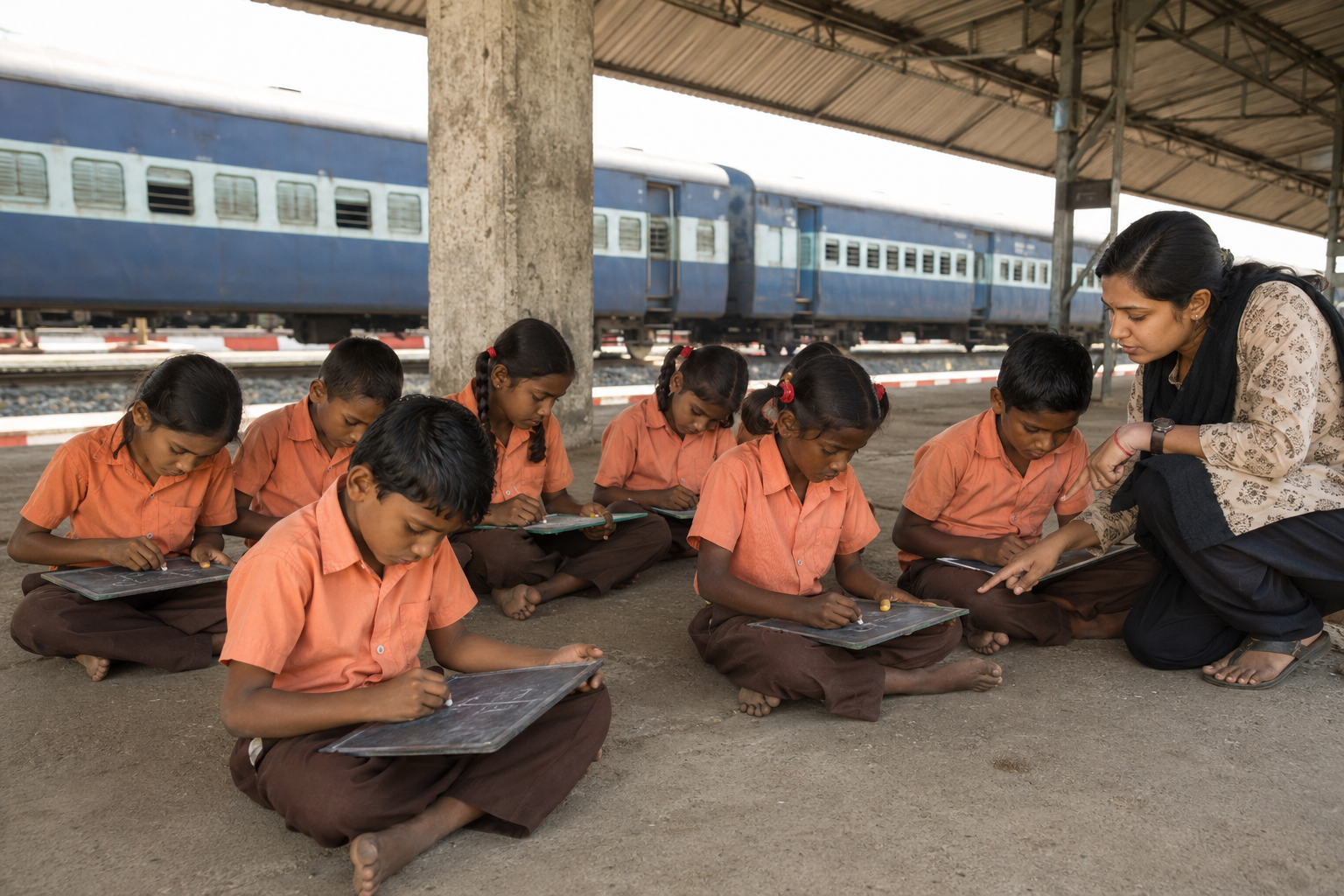 Boys in salmon-orange school uniform sitting cross-legged on a railway platform in India, writing on small black slates held on their knees, with a teacher crouching beside them and a train carriage behind.