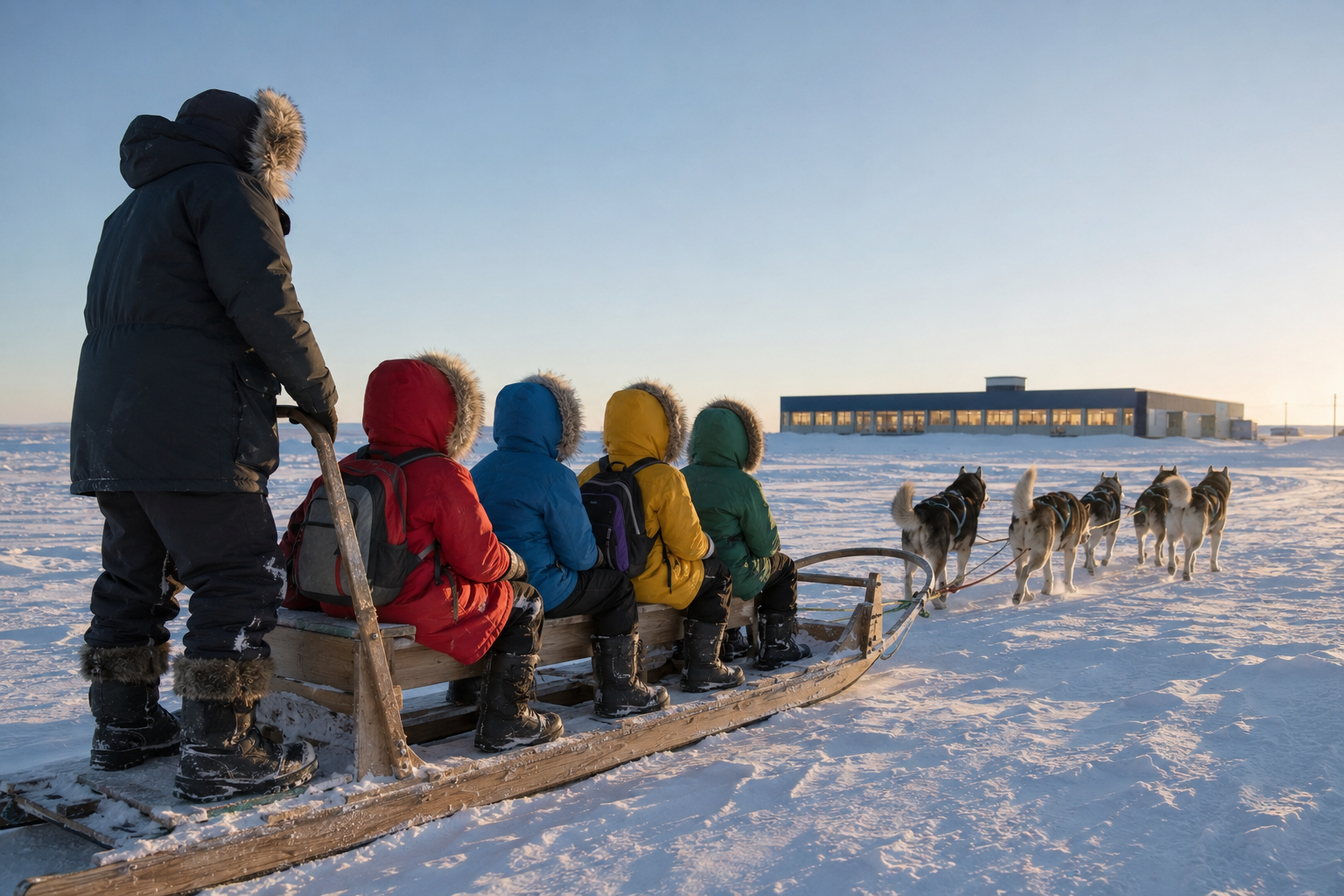 Four children in thick fur-lined parkas, mittens and snow boots sitting on a wooden sleigh pulled by a team of husky dogs across a wide snowfield, with a low school building and a pale arctic sky behind them.