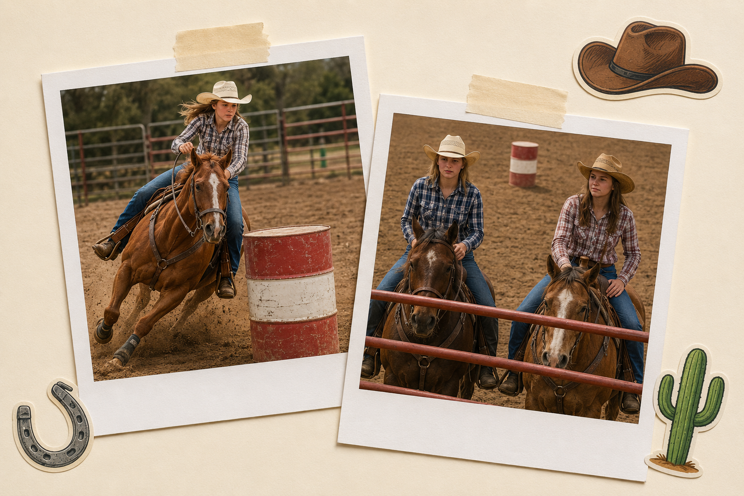 Two scrapbook polaroids of a high-school rodeo club: a girl in a checked shirt riding a horse around a barrel, and two riders in cowboy hats behind red arena fencing.