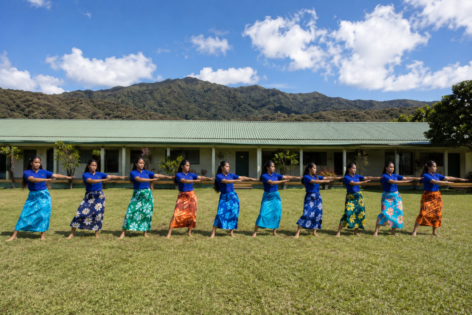 A line of pupils dancing hula on the grass in front of their school, in blue tee-shirts and long patterned wrap skirts.