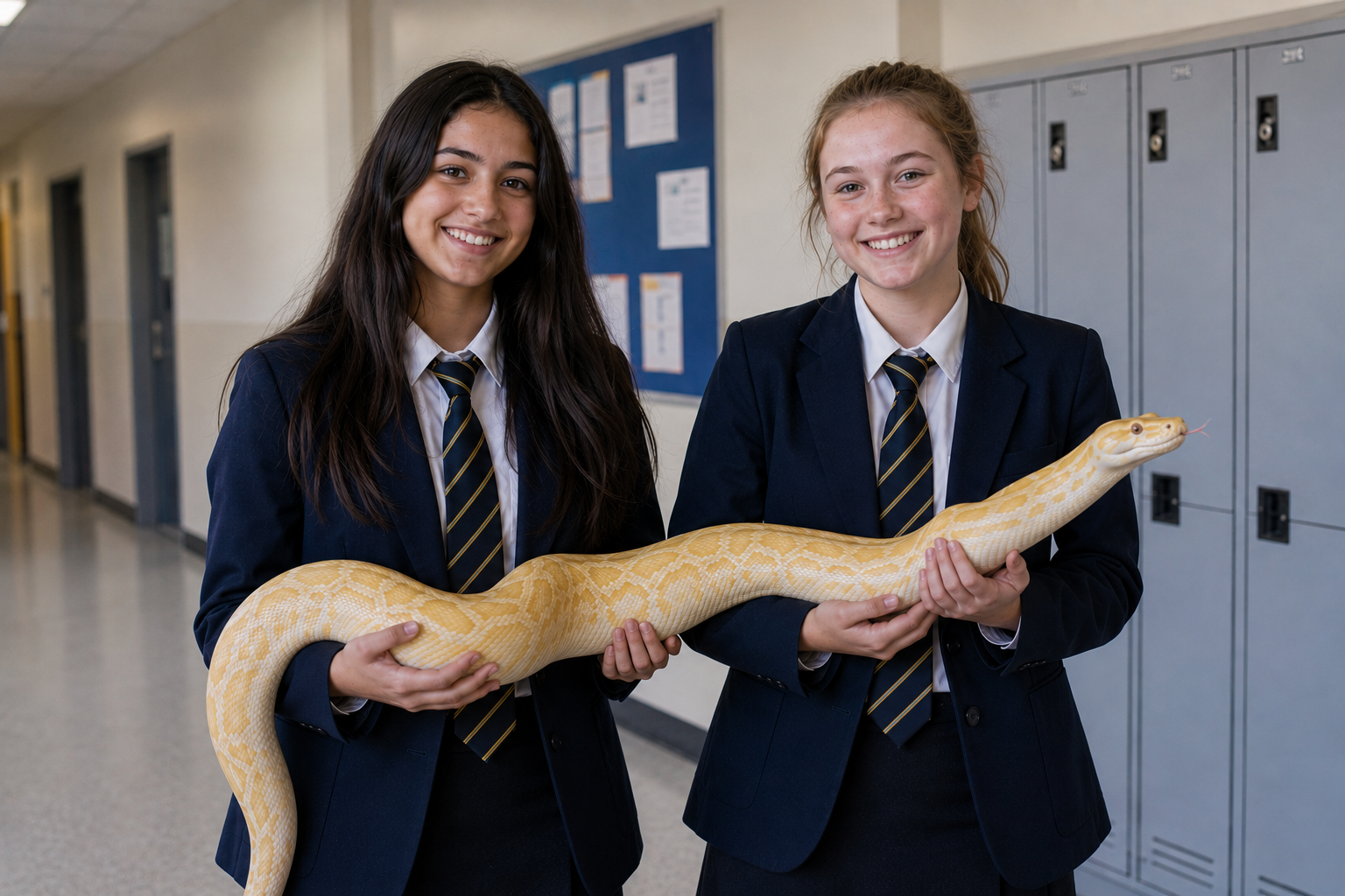Two schoolgirls in dark blazers and ties standing in a school corridor, smiling, holding a large pale-yellow python together across their arms.