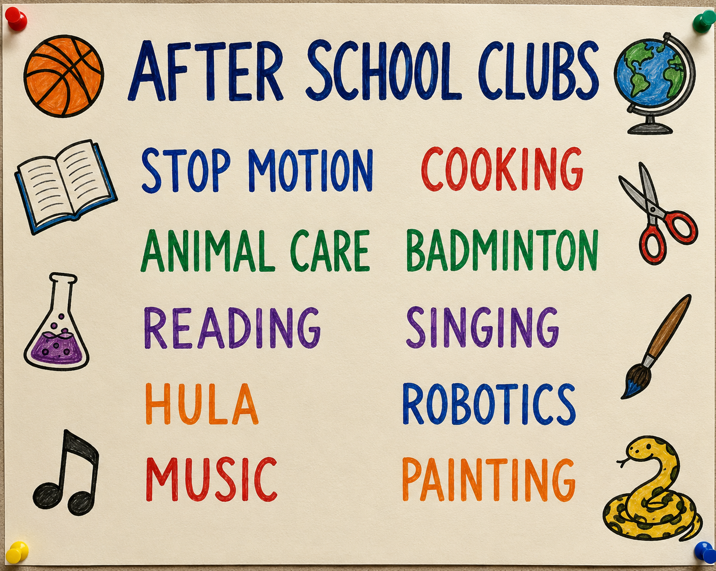 A hand-lettered noticeboard poster listing ten after-school clubs, framed by doodles of a basketball, a globe, a notebook, scissors and a laboratory flask.
