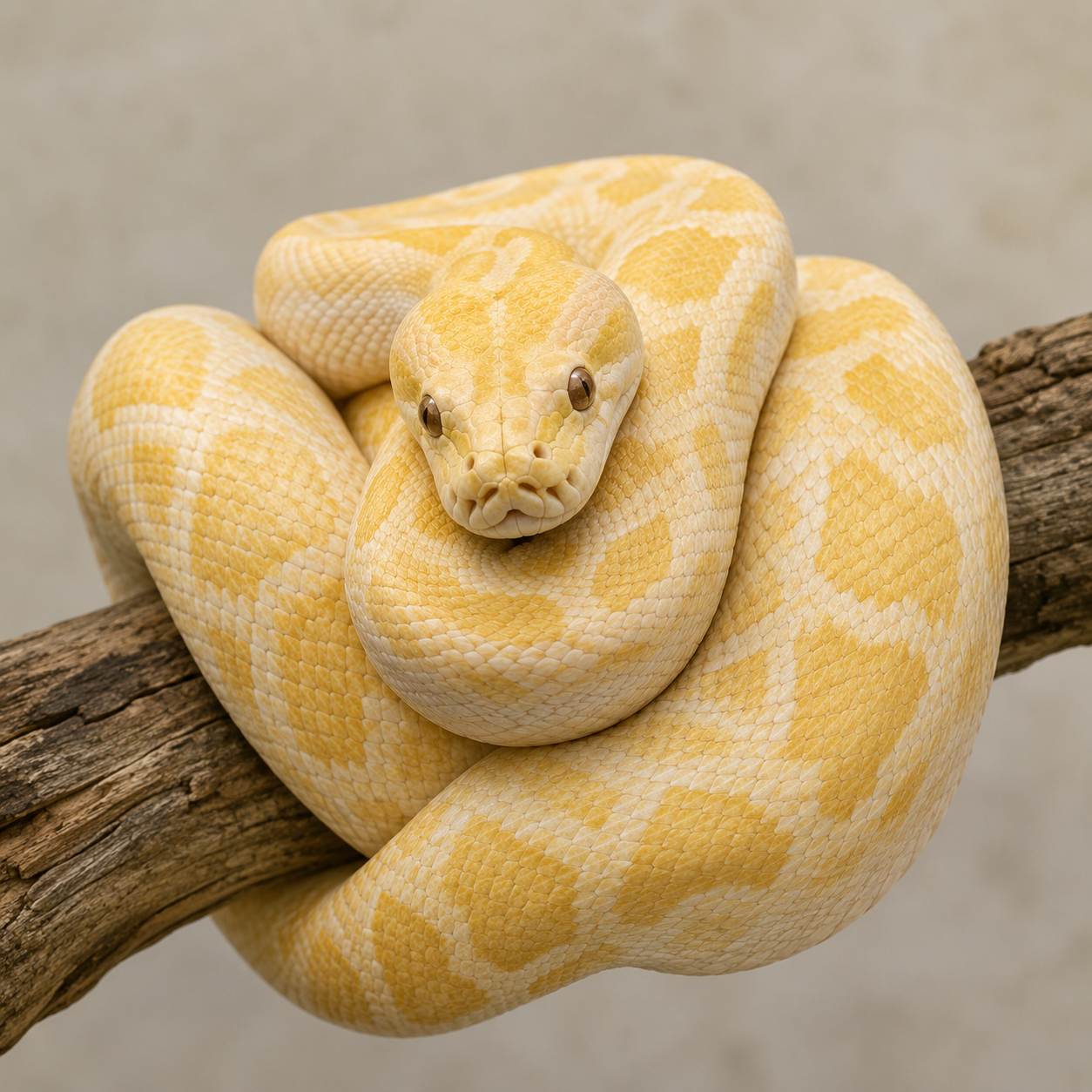 A pale-yellow python coiled on a wooden branch, seen close up.