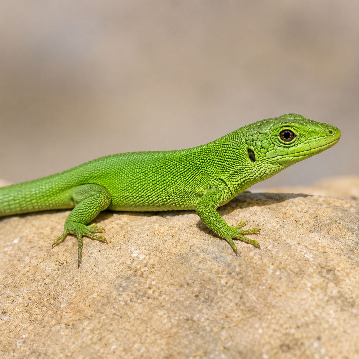 A small green lizard on a stone, seen from the side.