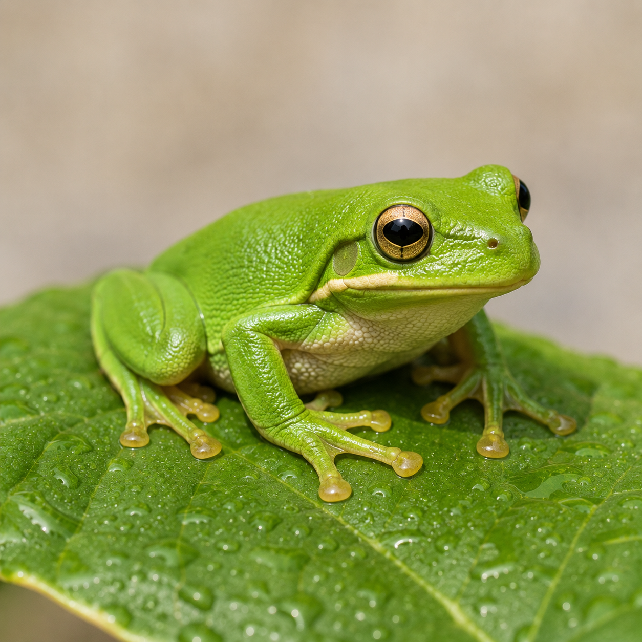 A bright green tree frog sitting on a wet leaf.