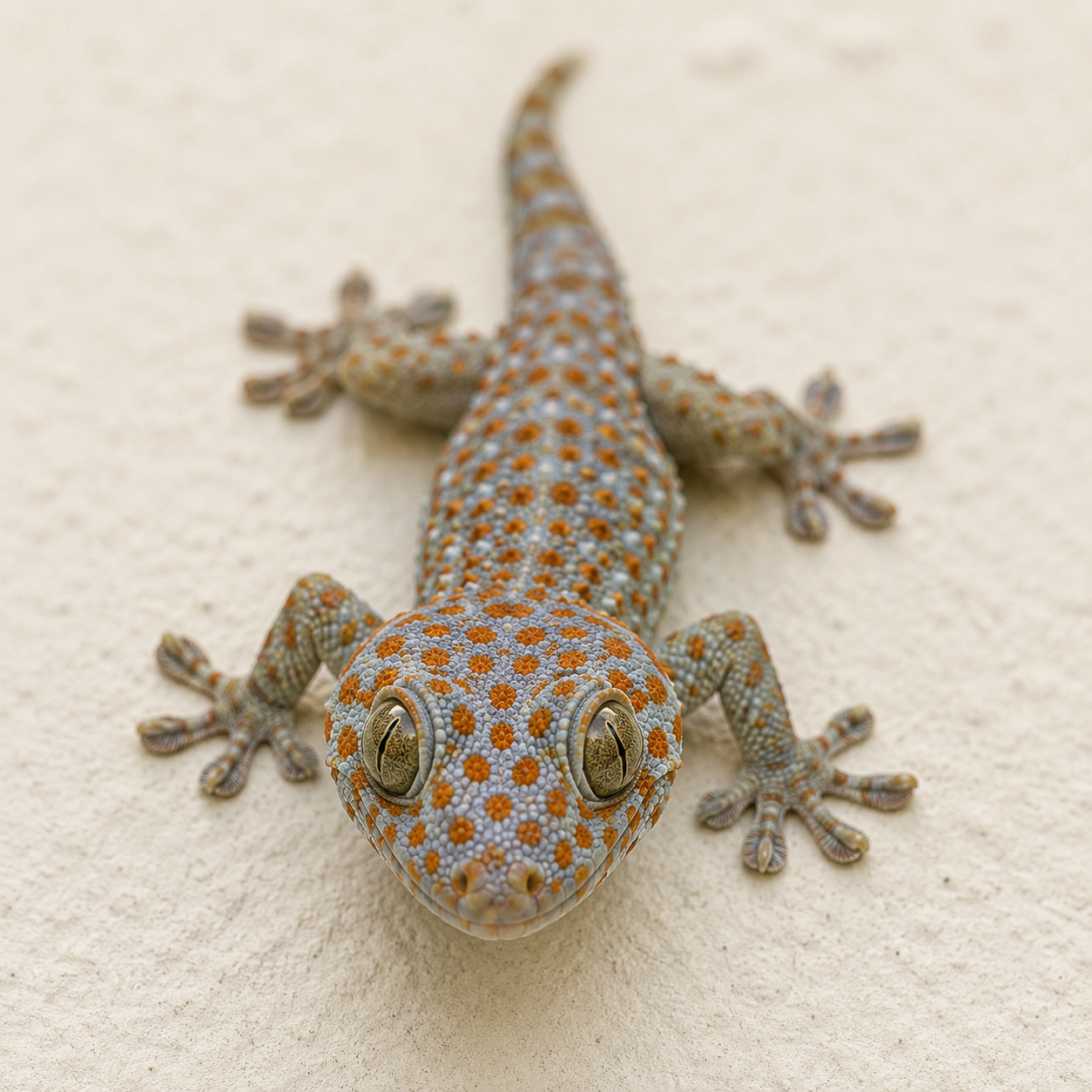 A spotted gecko clinging to a pale wall, seen head on.
