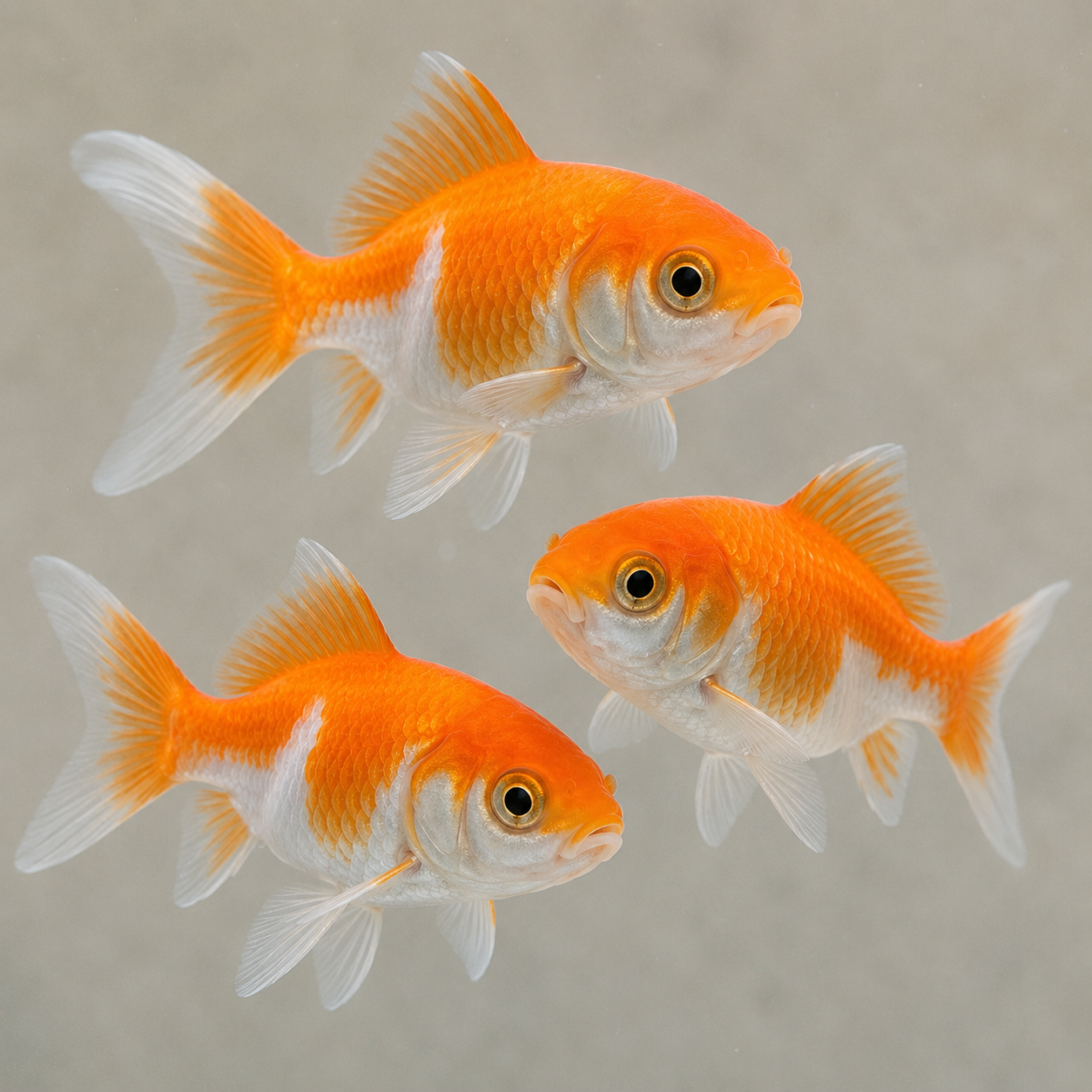 Three small orange and white fish in a lit aquarium.