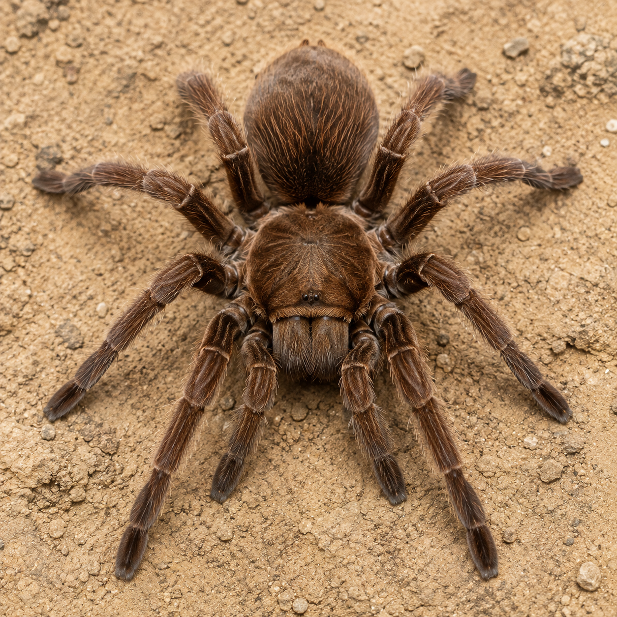 A large brown tarantula on dry earth, seen from above.