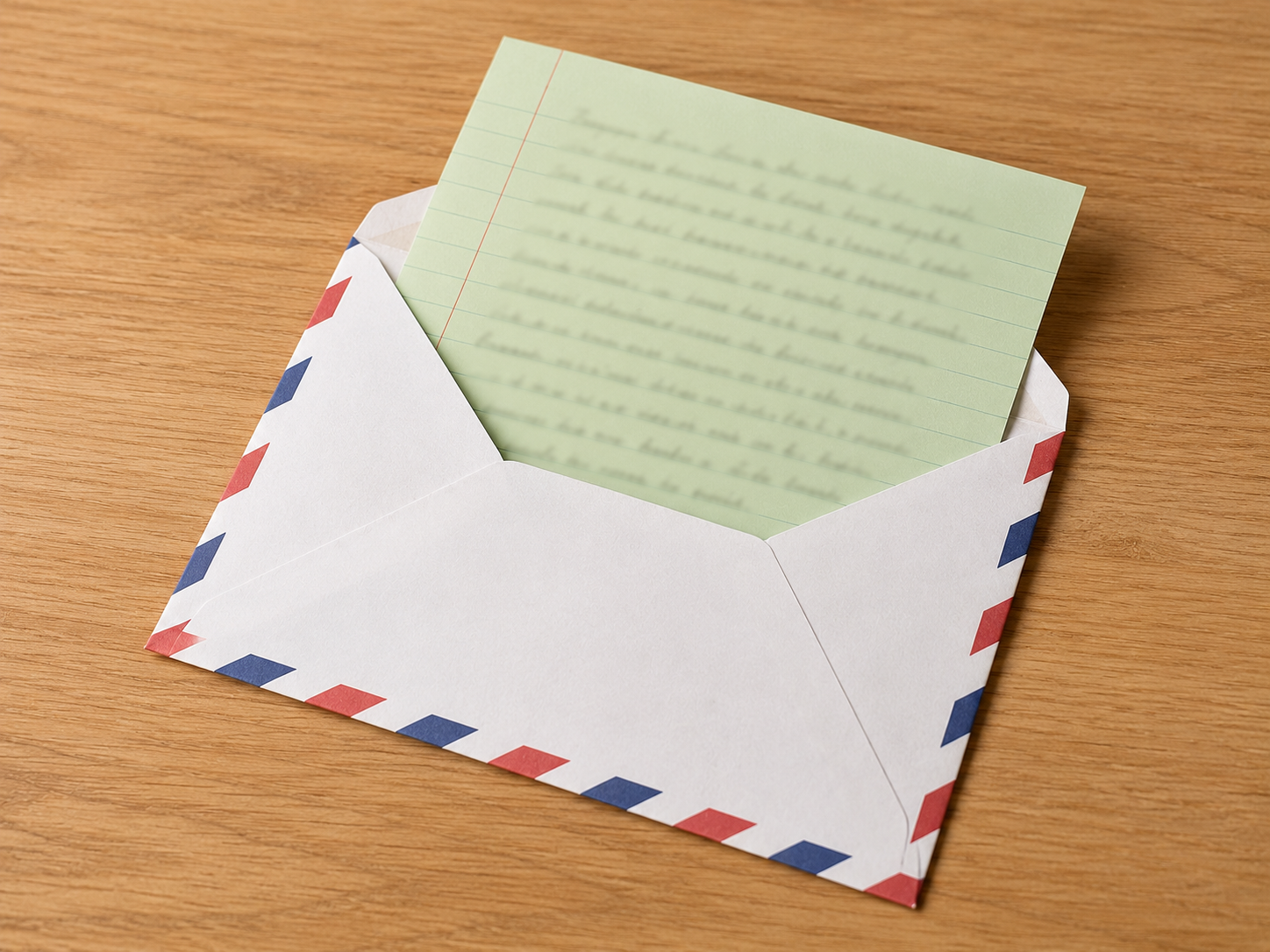 A green sheet of notepaper coming out of an airmail envelope, no legible text.