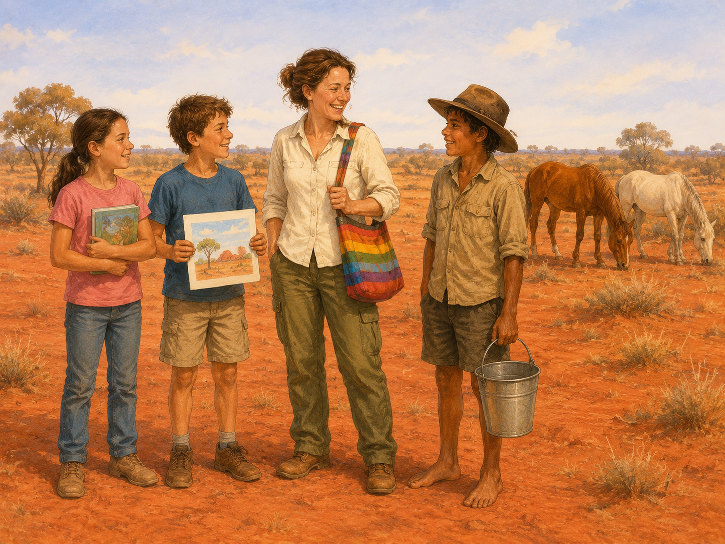 Zoe, Jesse, Ms. Tilly and a boy called Jack on an Australian outback farm, with two horses behind them.