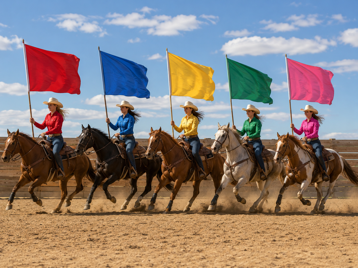 A row of riders on horseback crossing an arena, wearing cowboy hats and bright western shirts and each carrying a large flag, with hoardings behind them.
