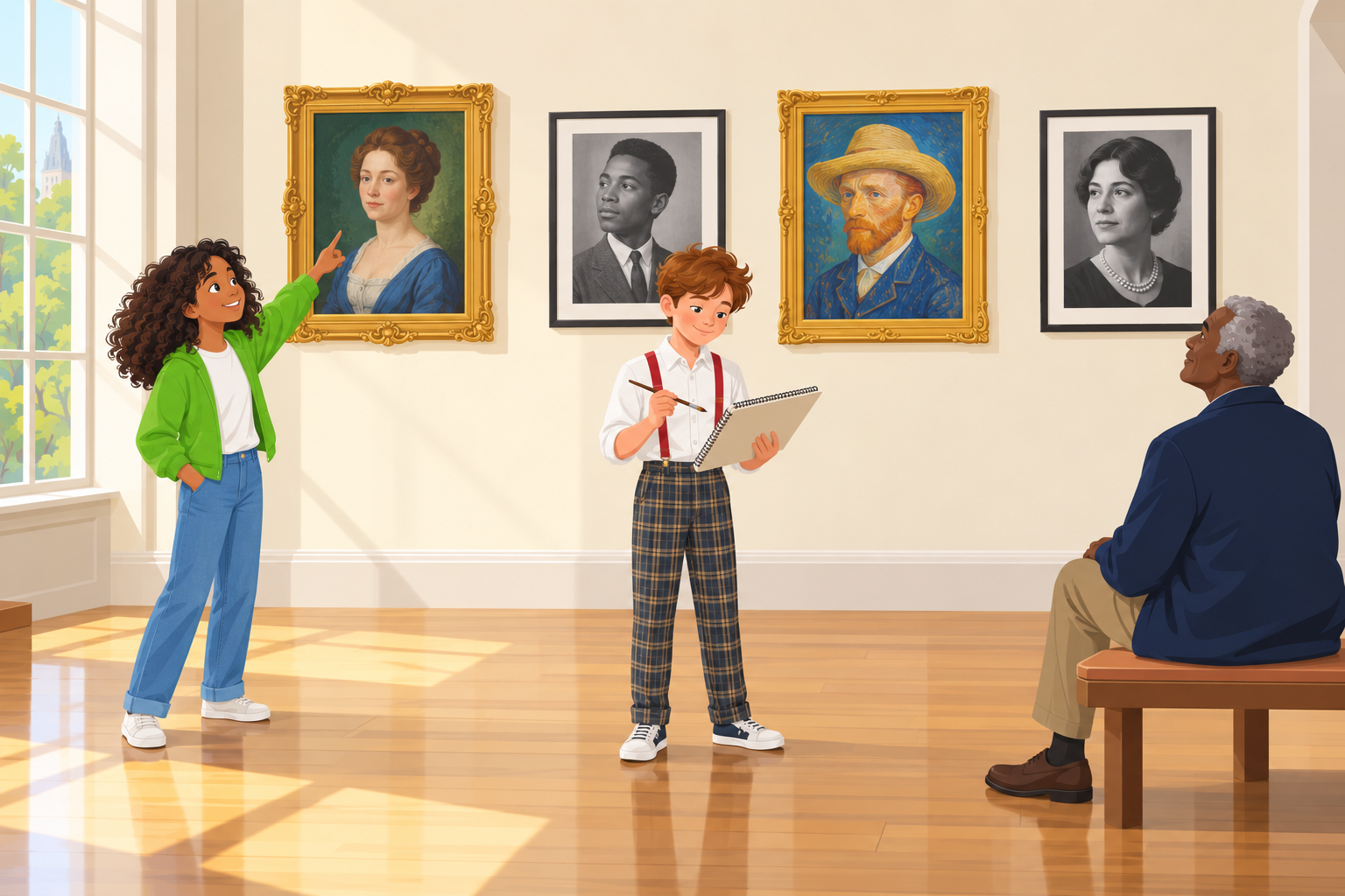 A bright gallery room. On the left a girl with frizzy dark hair in a green jacket points up at a painting. In the middle a boy in checked trousers and red braces holds a sketchbook and a paintbrush. On the right a man in a dark blue jacket sits on a bench. Four framed portraits hang on the wall: two colourful paintings and two black-and-white photographs.