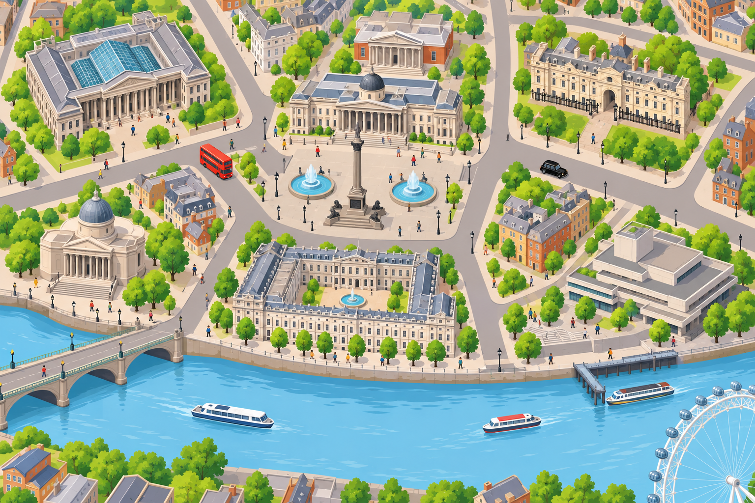 A hand-drawn map of central London with the places named on it. Trafalgar Square is in the middle, with the National Gallery on it and the National Portrait Gallery just behind. The British Museum, the Royal Academy of Arts, Somerset House, the Hayward Gallery and Tate Britain are named around it, and the River Thames runs along the bottom, with a red bus and a black cab in the streets.