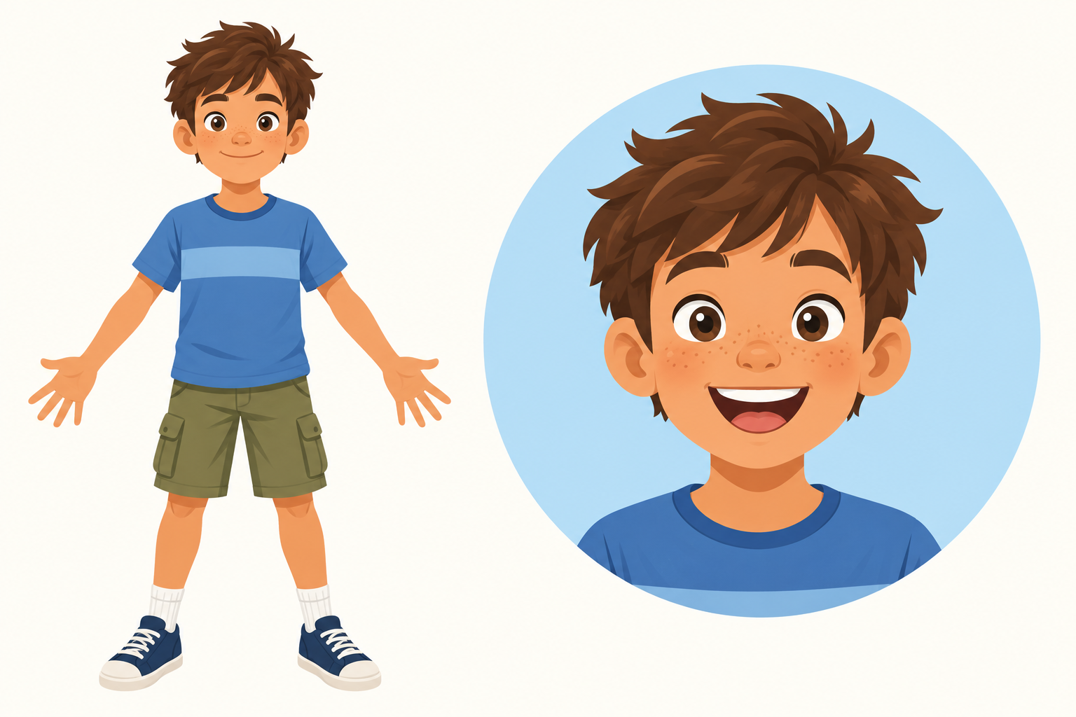 A cartoon boy standing with his arms held out from his sides, and beside him a large round close-up of his face, smiling with his mouth open.