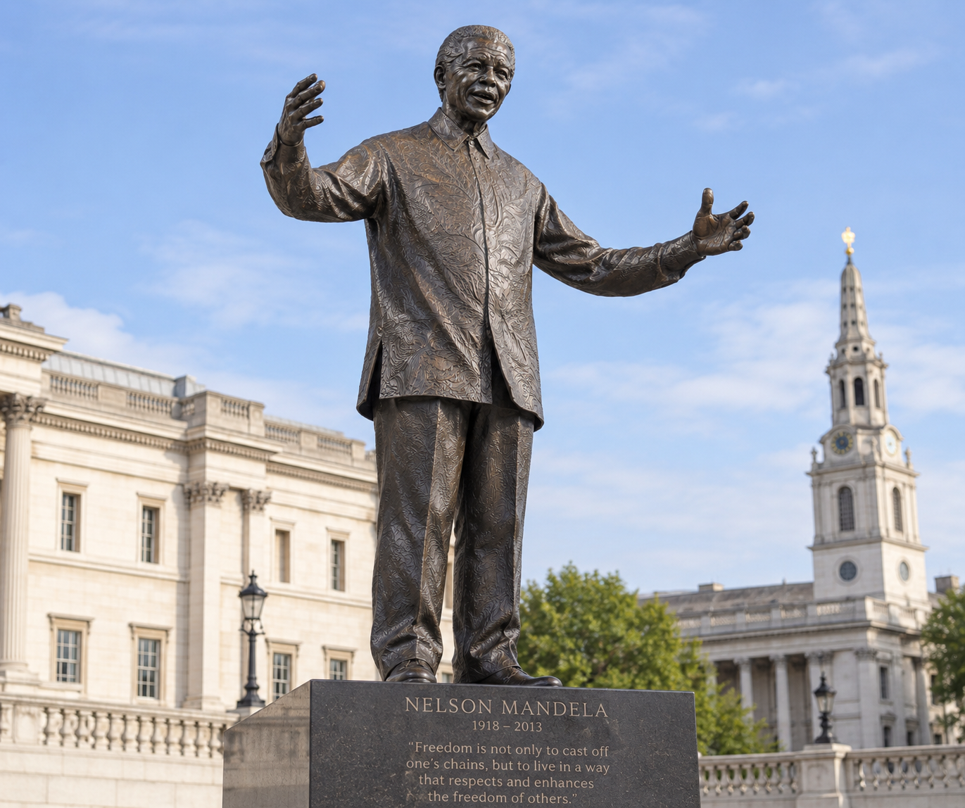 A bronze portrait sculpture of a man on a tall base, his two hands raised in front of him, open and wide apart. A small yellow panel stands beside it carrying two dates and no name.