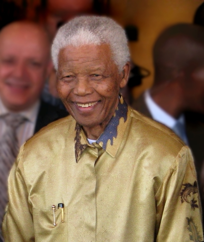 A photograph of Nelson Mandela, the man this leaflet page is about.